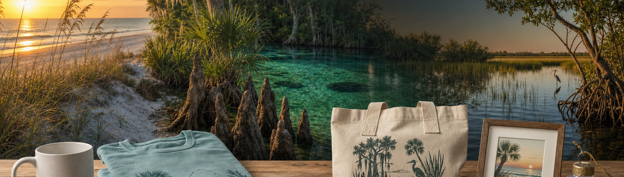 Florida ecosystems with premium state park souvenirs including apparel, tote, mug, print, ornament, patch, and stickers